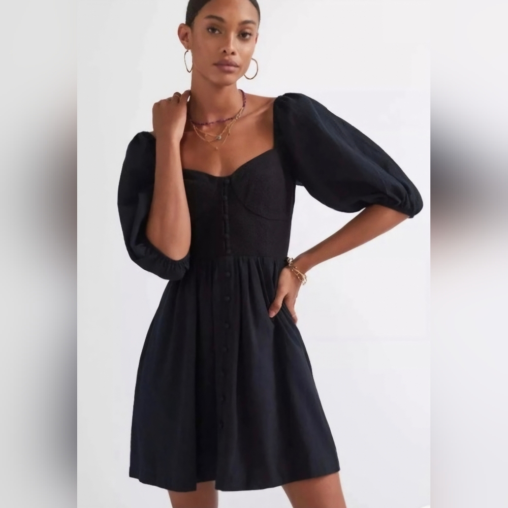 Anthropologie Maeve | Puffed sleeve mini dress in black, size SP
